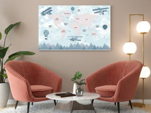 World map for kids with cute cartoon planes and air balloons. Children's map design for wallpaper, kid's room, wall art. America, Europa, Asia, Africa, Australia, Arctica. illustration.