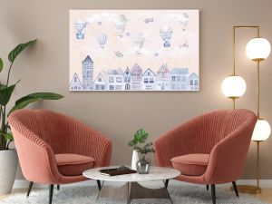 A painted children's city. A fabulous watercolor city in the clouds. Photo wallpapers for the children's room. Decorative pattern for the wall. Mural for interior decoration. A magical toy world.