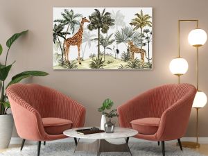 tropical jungle wallpaper design, giraffe, bird and leopard, hand drawing effect, wallpaper for kids room, interior design, mural art.