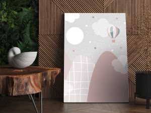 Vector hand drawn childish wallpaper with mountains, balloons and clouds. Modern 3D wallpaper for the children's room. Doodle style. 