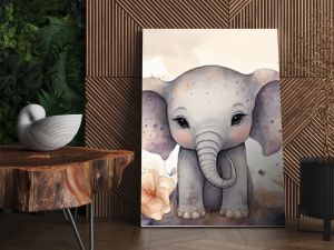 watercolor style illustration of happy baby elephant in flower blossom garden, idea for home wall decor, kid room, Generative Ai