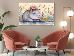 watercolor style illustration of happy hippo in flower blossom garden, idea for home wall decor, kid room, Generative Ai