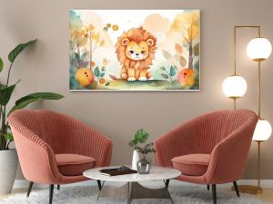 watercolor style illustration of happy lion cub in flower blossom garden, idea for home wall decor, kid room, Generative Ai