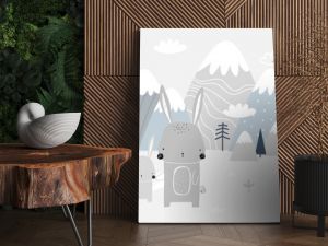 Vector children hand drawn mountain and cute bunny illustration in scandinavian style. Mountain landscape, clouds. Children's forest wallpaper. Mountainscape, children's room design, wall decor.