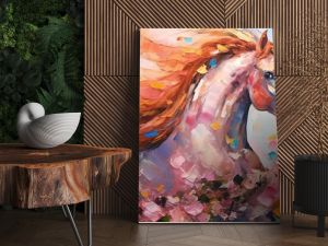 art illustration of cute horse in flower blossom atmosphere, Generative Ai