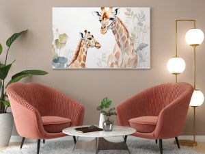 Kids room wallpaper with animals and pastel colors. Nursery wall mural, very minimalistic drawing, white wall,