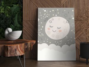 Children graphic illustration for nursery, wall, book cover, textile, cards. Interior design for kids room. Vector illustration with space theme and cute moon 