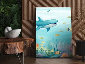 Underwater adventure: vector illustration of children and sea creatures for nursery wall and kids room