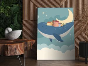 Children graphic illustration for nursery wall. Wallpaper design for kids room interior. Vector illustration with fantasy magic city on the back of whale flying in the sky