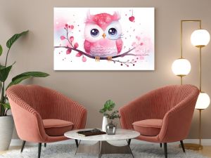  watercolor style illustration of happy baby owl in autumn forest garden, idea for home wall decor, kid room, Generative Ai