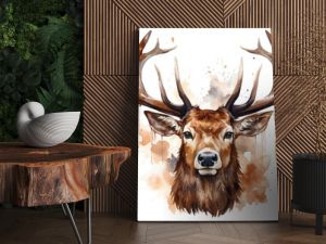 Christmas elk deer,head of deer watercolor vector illustration,elk head with big horns