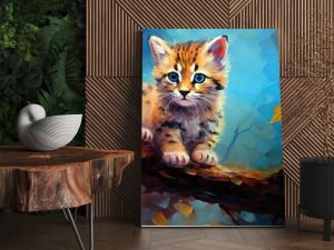  oil painting style illustration, cute leopard pub on tree cute and adorable wildlife, idea for wall art decor and background wallpaper, Generative Ai