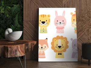 Cute wild woodland baby animal faces in pastel color vector illustration. Baby shower and nursery art animal set including a bear, tiger, lion, rabbit, giraffe, zebra, crocodile, fox, hippo and monkey