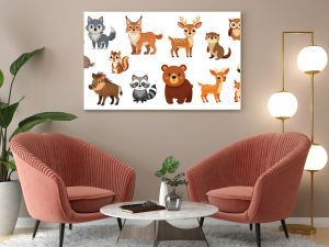 Forest animals flat cartoon illustration. Cute fox, wolf, brown bear, owl, deer, chipmunk, lynx vector clipart of wildlife for children book.