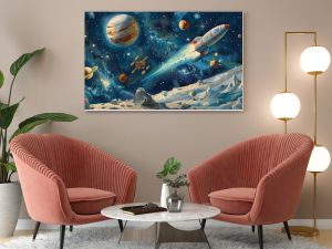 Cute space-themed illustrations for kids' rooms, books, fabrics, and greeting cards. Great for decorating nursery walls and creating a fun and imaginative space.