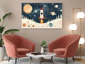 Space-themed wall decor for children's rooms featuring a cartoon rocket, planets, and vibrant mural artwork. AI technology used in the design process.