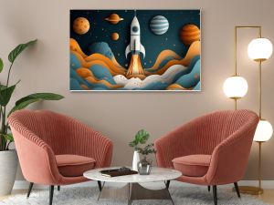 Dreamy space journey illustration with a friendly rocket, ideal for creative wallpapers and educational materials