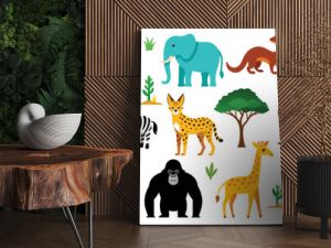 African animals  vector cartoon illustration. Cute lion, zebra, elephant, giraffe, hippo and other wild life clipart for zoo