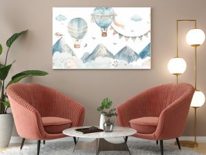 A seamless watercolor pattern for children with hot air balloons and clouds. It is illustrated in pastel blue and pink colors. The perfect background for a boy's or girl's room.