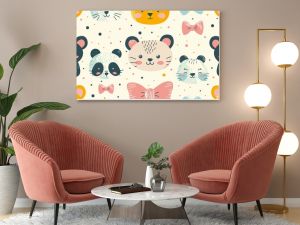 Cute animal faces and bows pattern on a cream background. Perfect for kids' products and nursery decor.