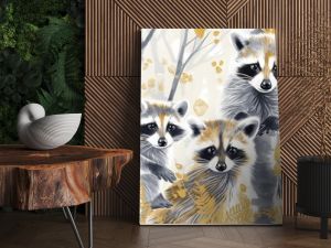 Whimsical Gouache Racoon Wallpaper: Delicate white and gold tones in an artful sketched aesthetic.