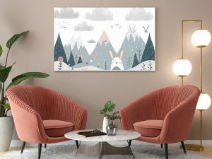 children hand drawn mountain and cute bunny illustration in scandinavian style. Mountain landscape, clouds. Children's forest wallpaper. Mountainscape, children's room design, wall, Generative AI