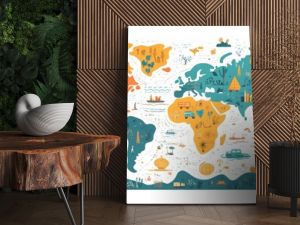 Colorful Illustrated World Map with Landmarks, Animals, and Cultural Icons