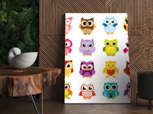 Vector illustration of colorful cartoon funny owls set on white background. Happy and joyful birds set in flat style.