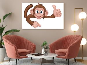 A monkey cartoon character animal peeking over a sign and pointing at it while doing a thumbs up