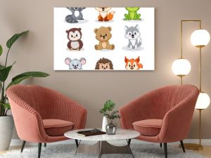 Set of cartoon cute forest animals including fox, owl, wolf, bear, mouse, hedgehog, raccoon, frog and squirrel. Forest animals for magazines, postcards. Vector illustration