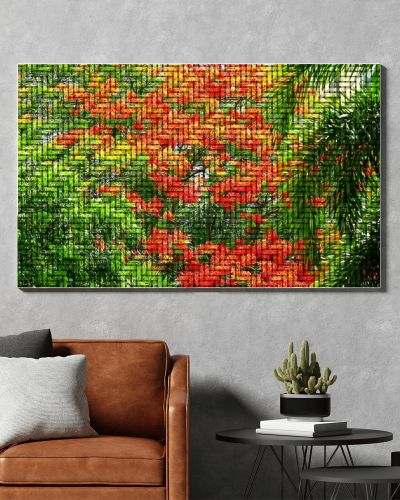 yellow red flower in the green garden digital painting on weavers thin bamboo three step texture