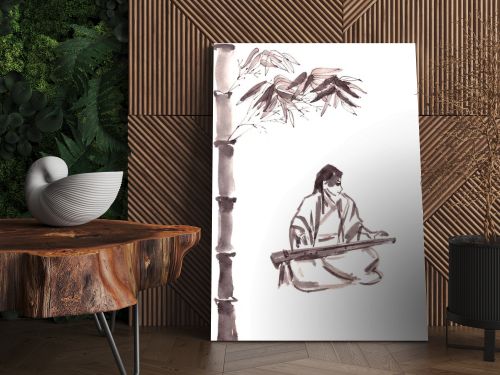 chinese girl musician in chinese costume playing guqin under the bamboo tree, ink drawing in chinese style. High quality illustration