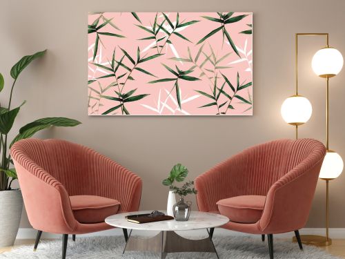 Watercolor painting bamboo green leaves seamless pattern background.Watercolor hand drawn illustration tropical exotic leaf prints for wallpaper,textile Hawaii aloha summer style.