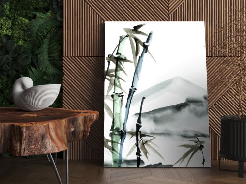 Chinese landscape with bamboo and mountains. Oriental traditional painting in style sumi-e, gohua and u-sin. Watercolor and ink illustration on white background.