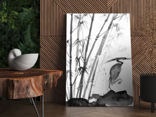 illustration of watercolor heron and bamboo