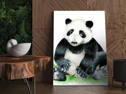 Panda cub sitting on grass on a white background, hand drawn watercolor illustration.