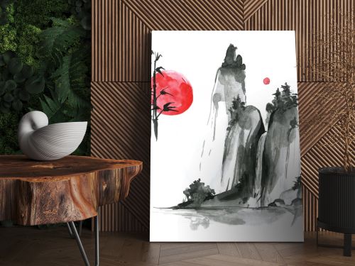 sumi-e elements: landskype, sun, bamboo