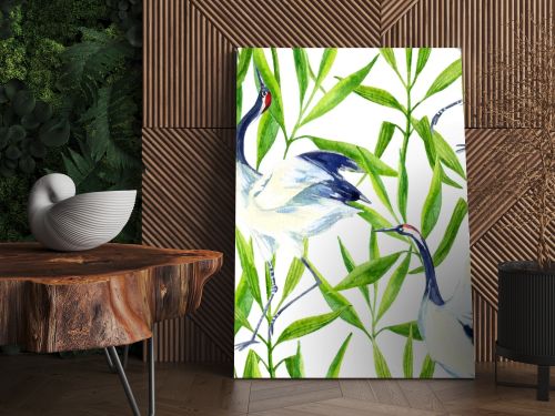 Watercolor asian crane bird seamless pattern