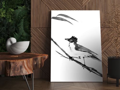 Sumi-e ink bird on a branch. Watercolor painting, black isolated white background.