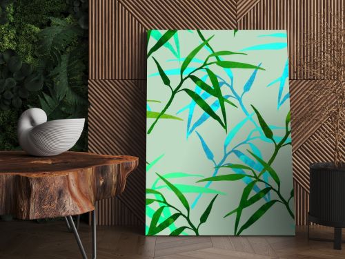  floral seamless pattern with bamboo branch on green background