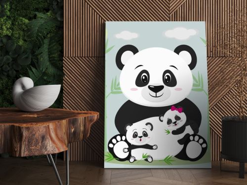 A sweet panda sits and holds a child with a bow, next to it sits another baby, he is surprised. Against the backdrop of bamboo trees, clouds and sun.