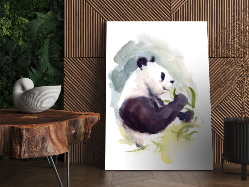 Watercolor Panda Eating Bamboo Animal Illustration Hand Drawn Wildlife