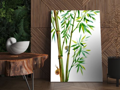 Growing bamboo and snails, watercolor illustration on a white background, isolated. Bamboo is a symbol of longevity, oriental, Chinese painting of usin.