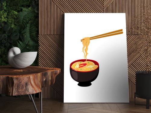 vector flat asian udon noodles in pot with sticks