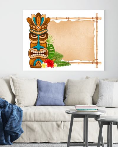 Wooden Tiki mask and bamboo signboard