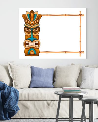 Wooden Tiki mask and bamboo frame