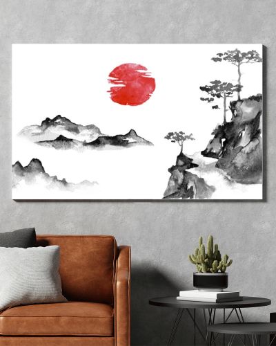 Japan traditional sumi-e painting. Indian ink illustration. Japanese picture. Sun and mountains