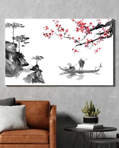 Japan traditional sumi-e painting. Indian ink illustration. Man and boat. Sunset, dusk. Japanese picture.