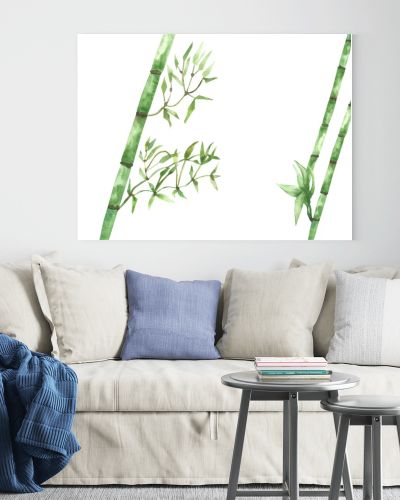 Watercolor hand painted nature eco tropical composition with green bamboo leaves on branches isolated on the white background, jungle plants illustration for design elements