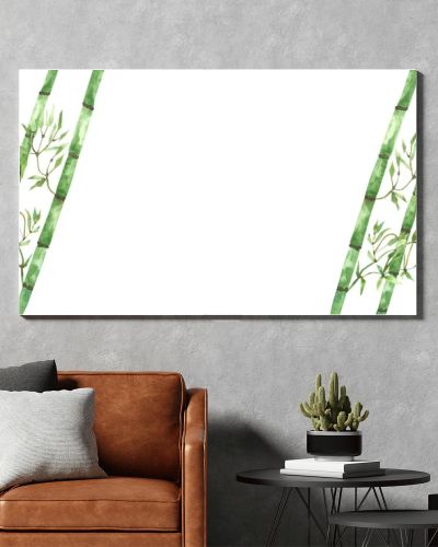 Watercolor hand painted nature eco composition frame with green tropical bamboo branches with leaves on the white background for invitations and greeting cards with the space for text